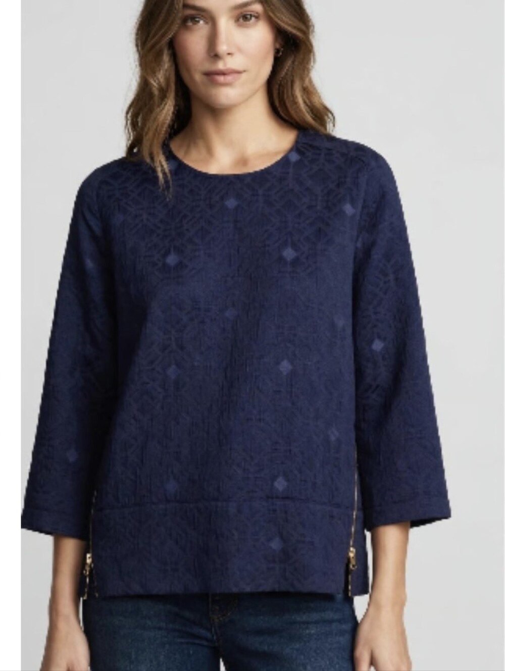 J Crew Matelasse Women's Navy Blue Textured Gold Zip-Accent Top Sz 4